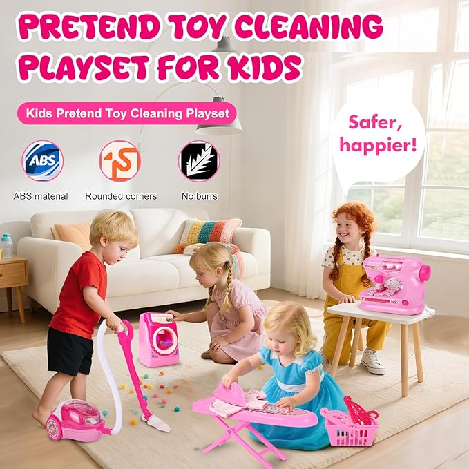 Coherny Sewing Kit for Kids Pretend Play Toys with Toy Washing Machine & Vacuum Kids Washer and Dryer Playset with Mini Sewing Machine for Dollhouse Furniture Toddles Boys Girls Cleaning Gifts