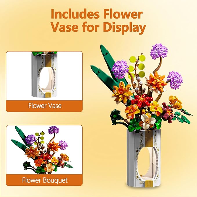 Flower Bouquet Building Set for Adults, 890 PCS Botanical Collection-Inspired Brick Floral Gift with Vase, Flower Vase Display Set for Home Decor