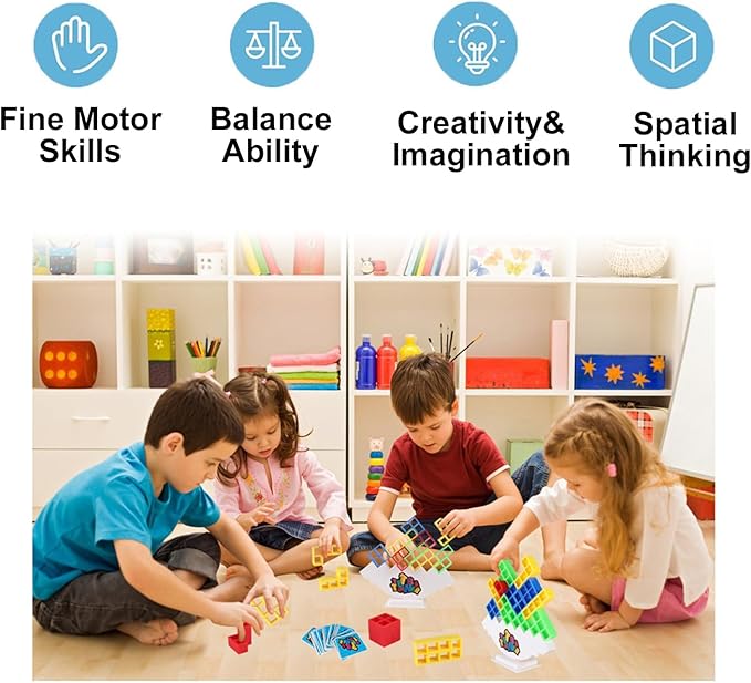 Balance Stacking Attack Block Game, Stack Game for Adult & Kids, Board Games for 2 Players+ Family Games, Perfect for Parties, Travel, Kids & Adults Team Building Blocks Toy, Pack of 48