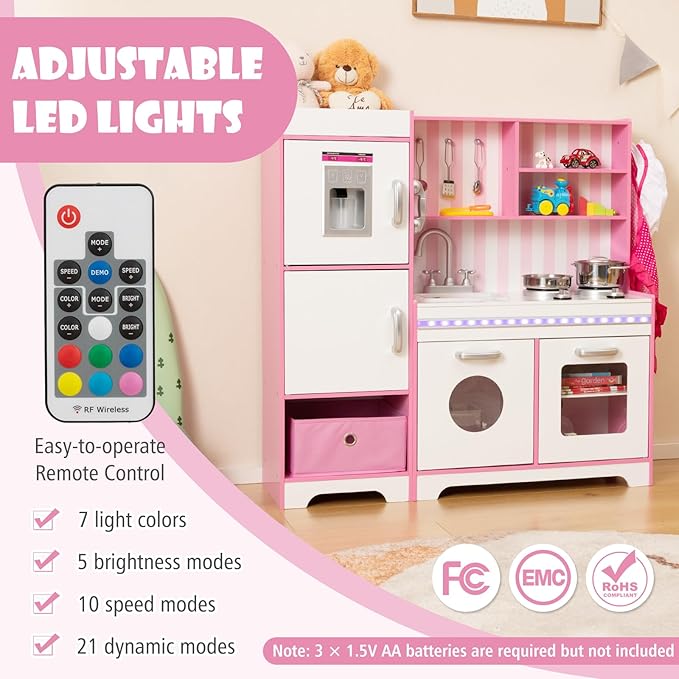 HONEY JOY Kids Kitchen Playset with Lights, Wooden Little Chef Toy Kitchen Set with Storage Bin, Ice Maker & Oven & Stove, Cooking Utensils, Play Kitchen for Toddlers, Gift for Boys Girls, Pink