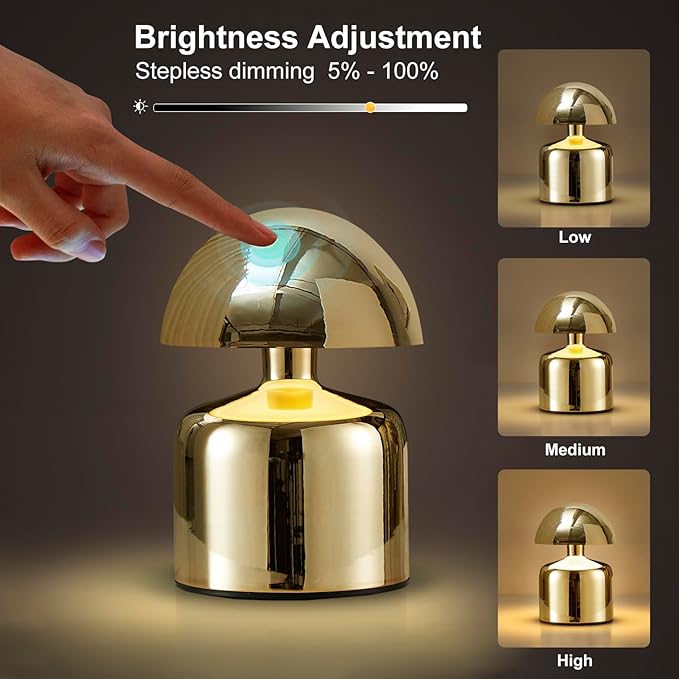 Modern Cordless Mushroom Small Table Lamp Touch LED Lamp, 3-Way Dimmable Bedside Nightstand Lamp Mini Rechargeable Night Light for Bedroom, Living Room