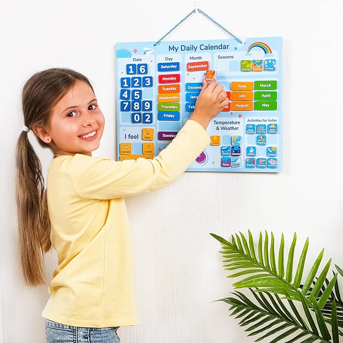 Simply magic 58 PCS Kids Calendar - My First Daily Magnetic Calendar with Weather and Feelings, Days of The Week, All About Today Board – Preschool Learning Chart for Wall or Fridge, Circle Time