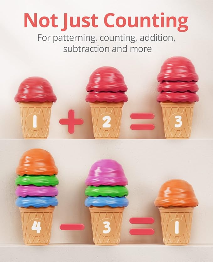 JoyCat Ice Cream Preschool Learning Activities Counting and Color Sorting Set Stacking Toys for Kids 3-5, Educational Fine Motor Skills Toys, 65PCS Math Manipulatives Resources Food Toys