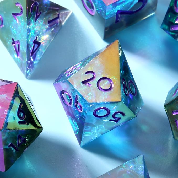 Iridescent Plating DND Dice, DNDND Handmade Resin Sharp Edge D&D Die with Gift Case for Dungeons and Dragon Tabletop Games (Iridescent Plating Green & Blue)