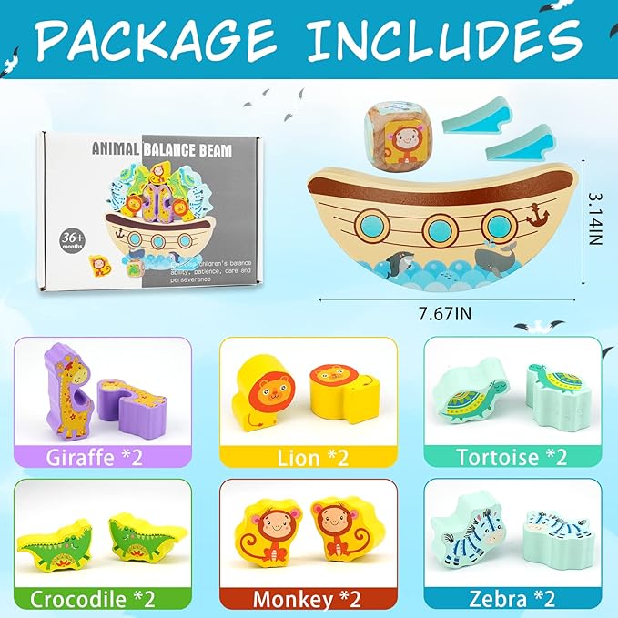 Board Games for Kids & Adults, Noah's Ark Wooden Balance Stacking Toys, Team Building Blocks STEM Toy, Fine Motor Stacking Balance Game, Baptism Easter Birthday Gift for Boys Girls