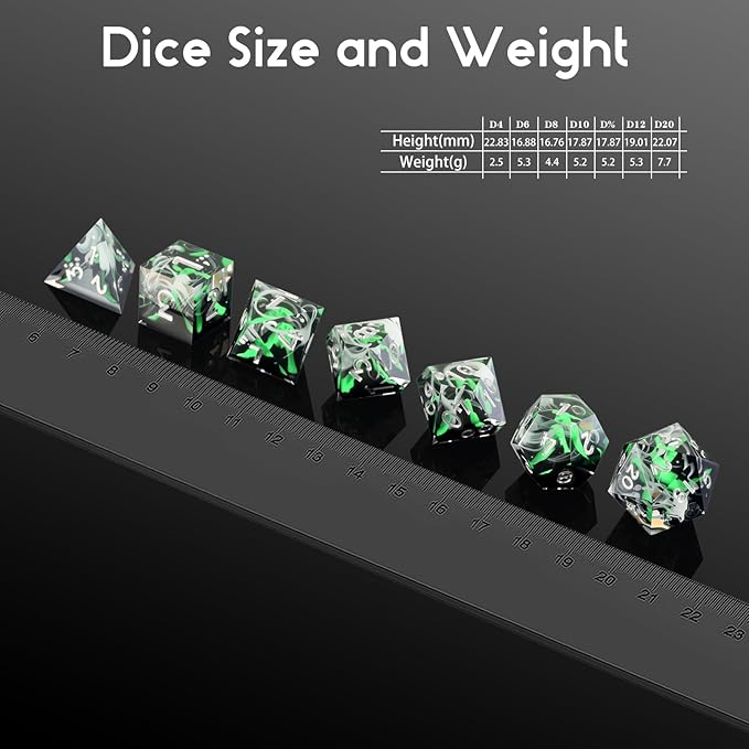 DNDND Emerald Volcanic Sharp Edge Dice Set - 7PCs Green Lava Flow Polyhedral Dice for D&D, RPG Metal Case Gift with Clear Numbers