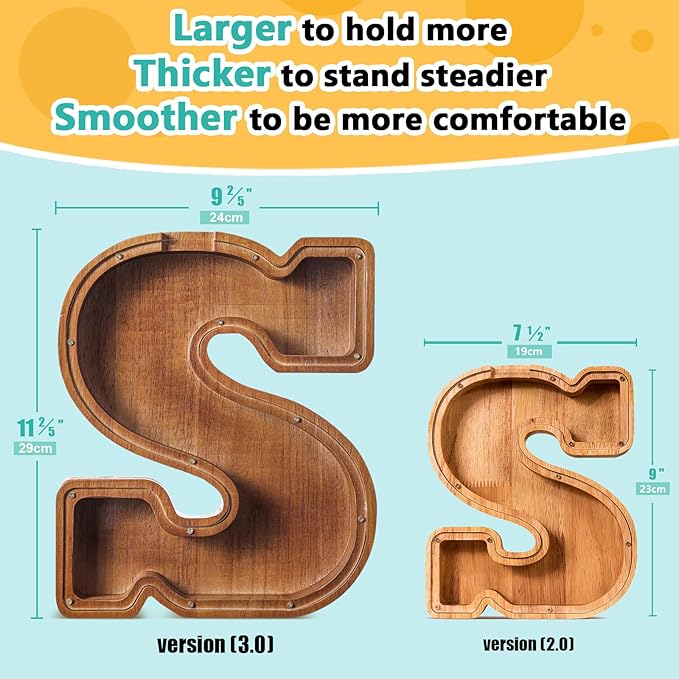 Summidate Customized Name Extra Large Wooden Piggy Bank for Kids Boys Girls Letter A-Z Coins Bills Money Change Bank Box Initial on Clear Cover (Laser Engraved) Educational Toys 12"- Letter S