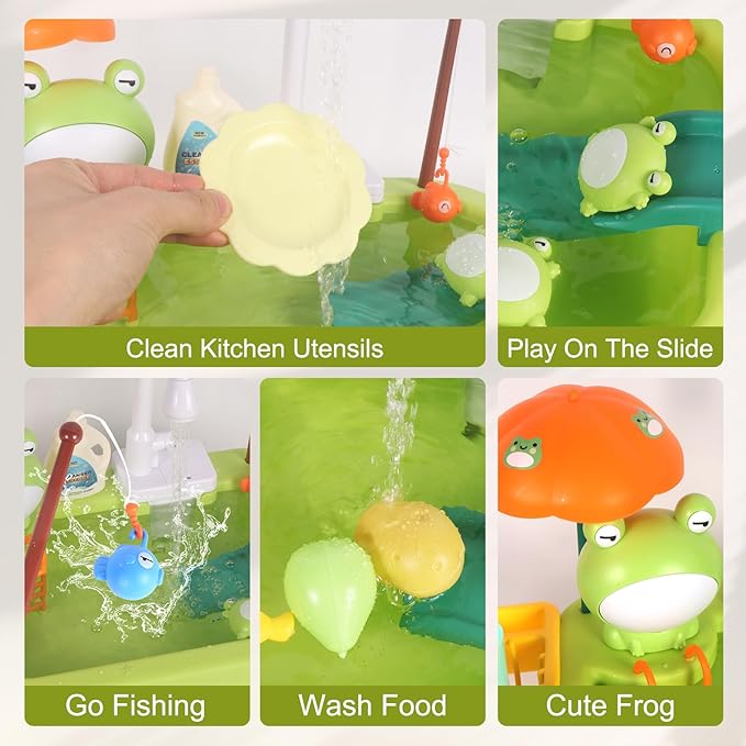 Play Sink with Running Water, Kitchen Sink Toy with Functional Faucet, Play Food and Kitchen Accessories, Floating Fishing Water Toy for Toddler, Pretend Play Dishwasher for Kids