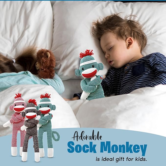 Adorable Sock Monkey Stuffed Animal - Pack of 3 - The Original Traditional Hand Knitted Plush Toy - Gift for Kids, Girls Boys Doll Present Puppet (20" Green, Pink, Brown)