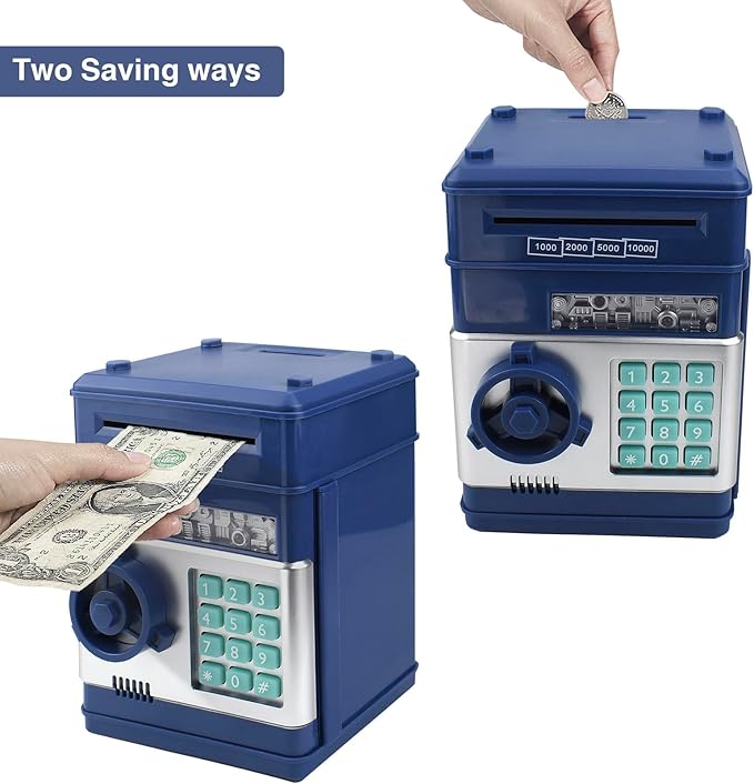Piggy Bank Electronic Mini ATM for Kids Toy, Safe Money Saving Box Coin Banks Password Code Lock for 3-14 Years Old Kids, Boys Girls Ideal Gift (Grey Blue)