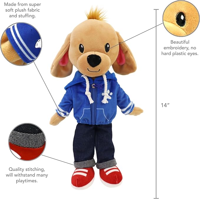 Playtime by Eimmie Soft Baby Doll Dougie The Dog - 14" Plush Rag Doll with Clothes, Embroidered Features for Girls, Boys, Toddlers & Infants - Educational Stuffed Animal for Imaginative Play