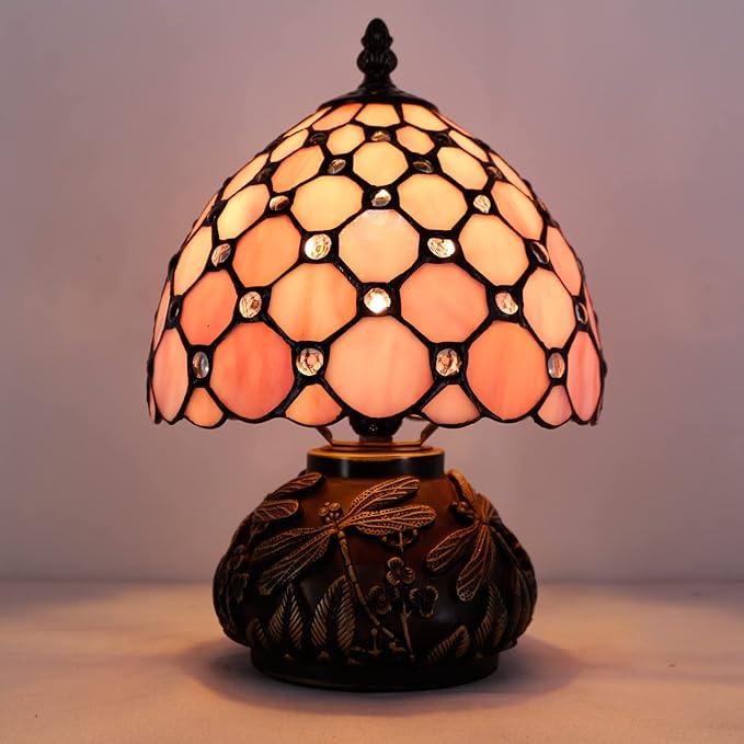 WERFACTORY Small Tiffany Lamp Desk Pink Stained Glass Pearl Bead Mushroom Table Lamp Bronze Mini Accent Lamp W8H11 Inch S005P Series