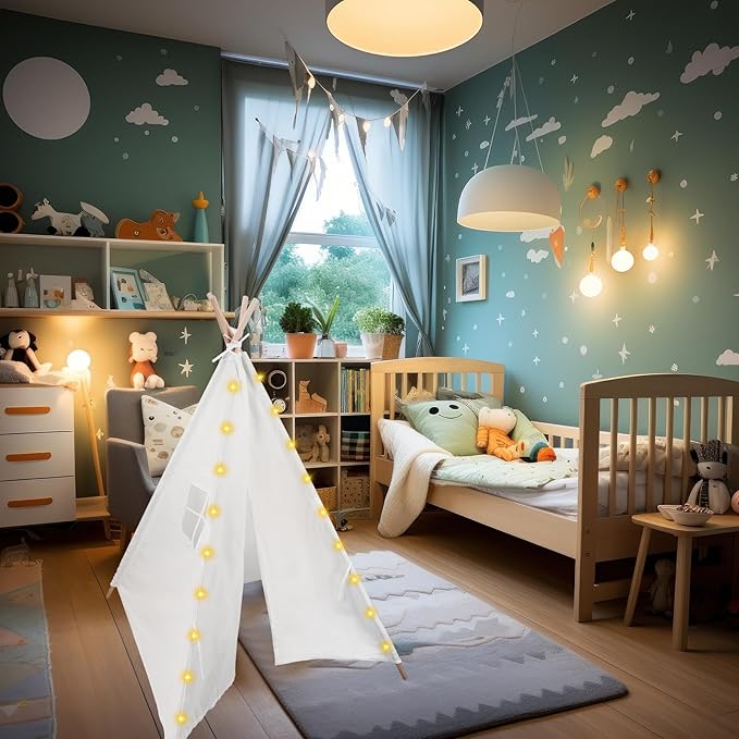 6 Packs Teepee Tent for Kids with 10ft String Lights, Indoor Play Teepee Tent for Girls & Boys, Foldable Tents for Birthday Party Boho Sleepovers Party Pajama Party (White)
