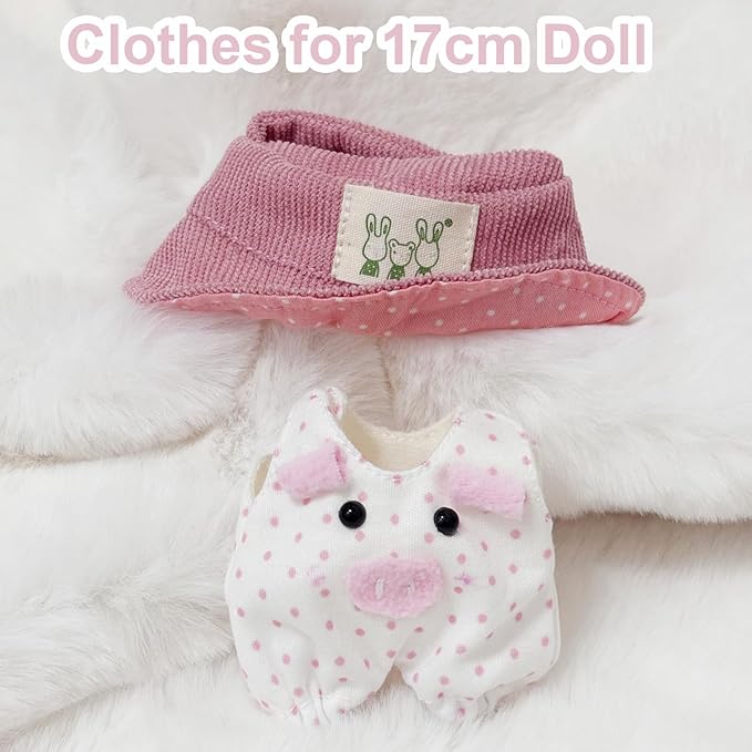 17cm Clothes Set(NO Doll), Hat & Cute Piggy Overalls Set Accessories for Doll, Premium Fashion 17cm Outfit (Pink Pig)