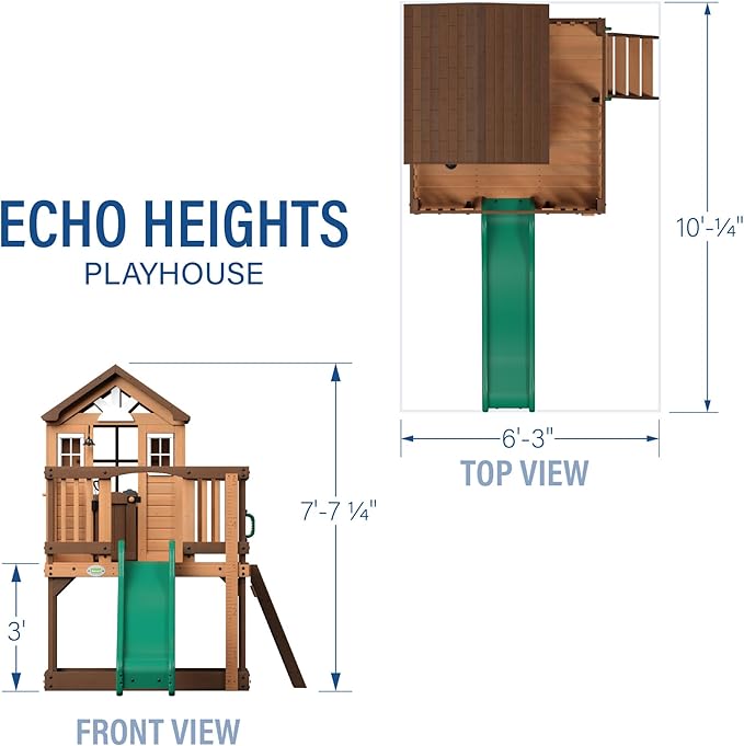 Backyard Discovery Echo Heights Elevated Cedar Wooden Kids Playhouse with Wave Slide, Play Kitchen, Wrap-Around Deck, Flat-Step Ladder, Half Door, Windows, Bell, and Growth Chart for Outdoor Play