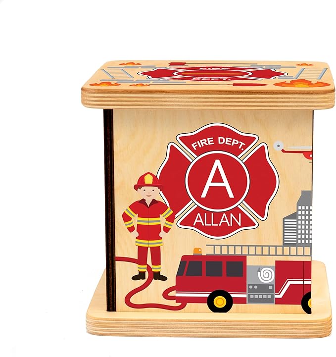 Wooden Piggy Bank for Kids and Adults, Personalized Gift Handmade in USA by BloomOwl, Custom Piggy Bank, Personalized Banks for Kids, Gifts for Baby Boys and Girls (Firefighter)