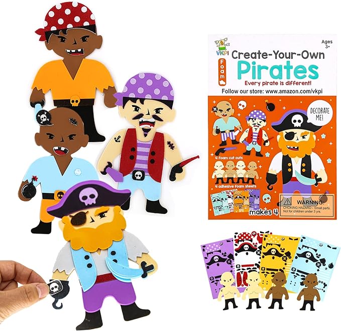 VKPI 4 Pieces EVA Foam Art Crafts Gift Kit, Creative Make Your Own Pirates, Cartoon Foam Paper Craft Projects for Kids Ages 4+ Toddler, Preschool Learning Toy for Birthday Party Favor Supplies