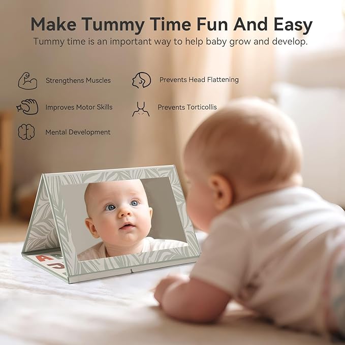 Foldable Tummy Time Play Set (Sturdy Cardboard), Large Baby Safe Mirror and Card Display Stand with 80 Pages High Contrast Cards, Alphabet and Animal Cognition