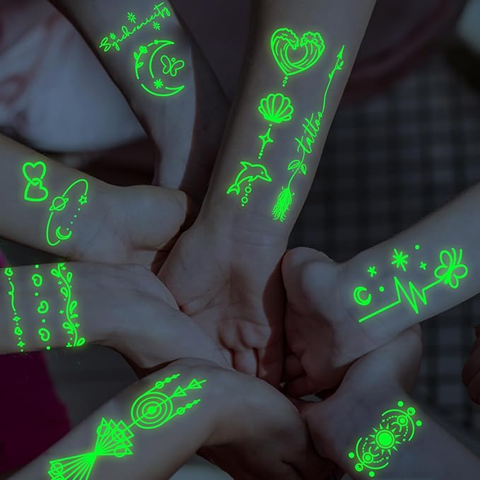 Glow Tiny Temporary Tattoo for Women Men, Luminous Star Sun Heart Butterfly Fake Tattoos, Classical Line Words for Adult Kid Arm Neck Body Tattoos Stickers Party Supplies Realistic, 60 Sheets