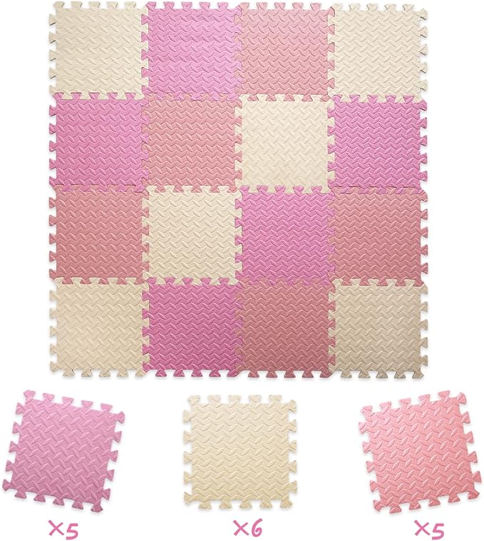 16 Tiles Foam Play Mat for Baby, Soft & Safe EVA Foam Mats for Floor, Square Baby Play Mat, Solid Colored Kids Foam Puzzle Floor Mat, 47x47 Play Mat for Playpen(Beige/Pink/Loli Pink)