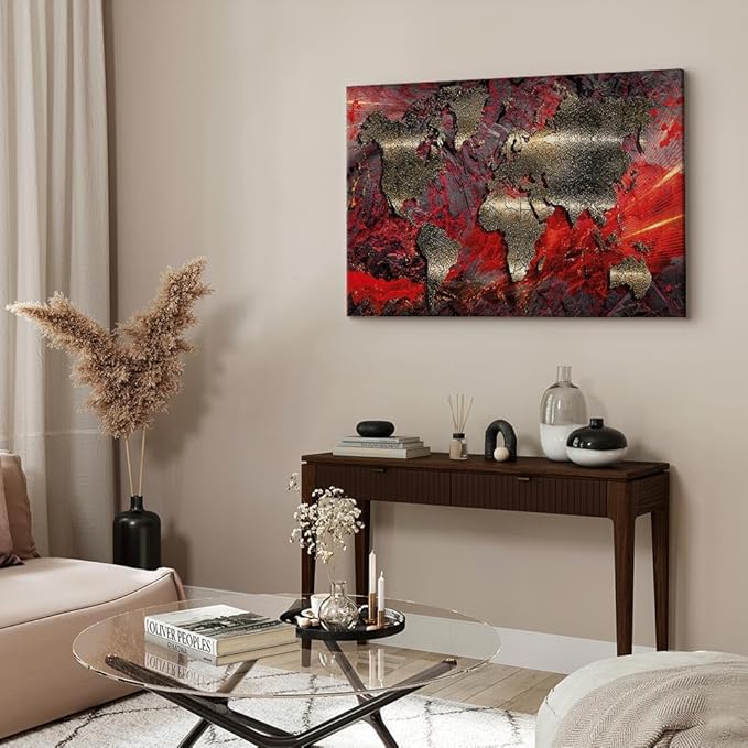 artgeist Canvas Wall Art World Map 24x16 in - 1pcs Home Decor Framed Stretched Picture Photo Painting Artwork Modern Art Image - Abstract Continents Map World Map Red k-A-0505-b-d