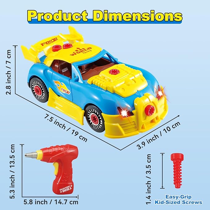 Construction Toys for Boys Age 3-8, Take Apart Toy Car Racing, 30 Pieces Building Toys with Electric Drill, Build Your Own Car with Realistic Sounds & Lights, STEM Gifts Kids (4 Spare Screws)