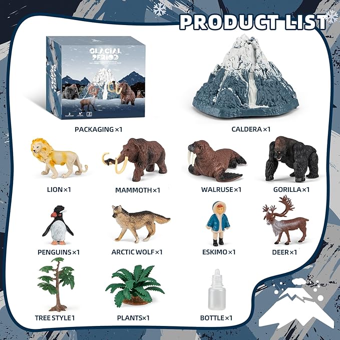 Prehistoric Animal Toys for Kids 3-5, Safari Animals Figurines and Snowy Volcano Toy Set with /Realistic Mammoth, Lion and Gorilla. Educational Gift 4-9.Gift for Toddlers Boys & Girls