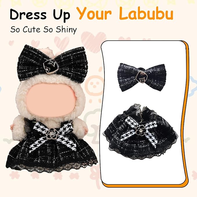 17cm Doll Clothes Set, Premium Jeans & Knitted Sweater Outfit for 17cm 15cm Dolls, Cute Dress Up Fashion, No Doll Included (Black Dress, 17cm/15cm)