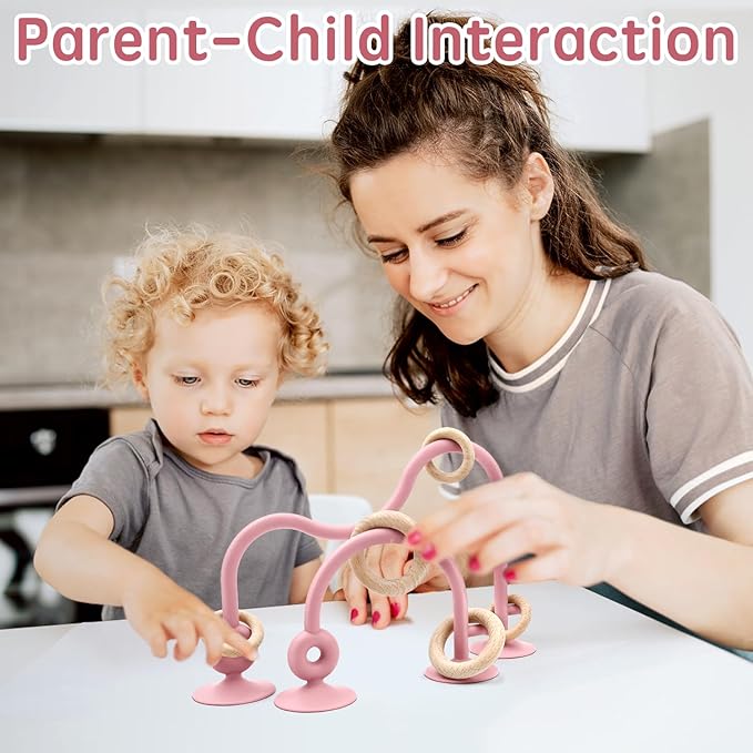 Baby Sensory High Chair Suction Toys for Infant Toddlers 6 12 18 24 Months, Food Grade Silicone String with Oak Loop Montessori Educational Baby Bath Toy Gifts (Dark Pink)