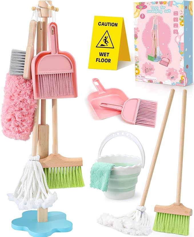 Lonico Wooden Kids Cleaning Toy Set for Toddlers Mop Broom and Dustpan Set, 12 Pcs Detachable Housekeeping Playset with Bucket Duster Brushes Pretend Play Cleaning Toys Gift for Boy Girl Age 3 4 5 6