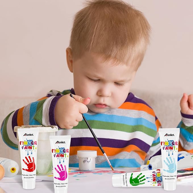 ABEIER Washable Finger Paint for Toddlers, Safe Non-Toxic, 12 Vibrant Colors (1.21fl oz), Baby Safe Paint for Hand and Feet, Mess Free Art Supplies for Kids, Preschool Learning Gifts, Ages 1-3 4 5 6+