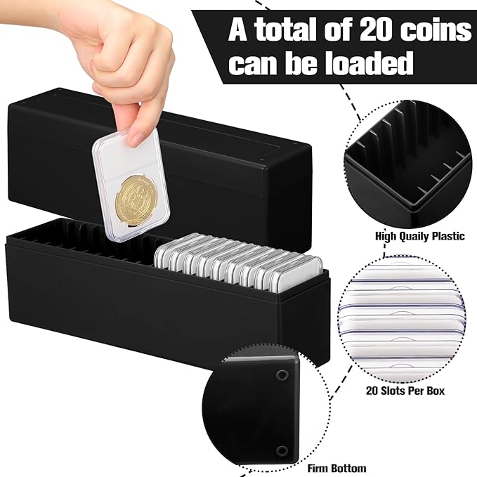 Wenqik 6 Pcs Plastic Coin Storage Box Case with 20 Slab Coin Holders - Collection Box for Collectors, Home, Office, Bank Supplies(Black)