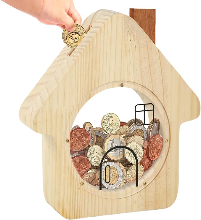 Wooden Money Bank, House-Shaped Piggy Bank with Clear Window, Decorative Coin Storage Box for Kids (Owl Piggy Bank)