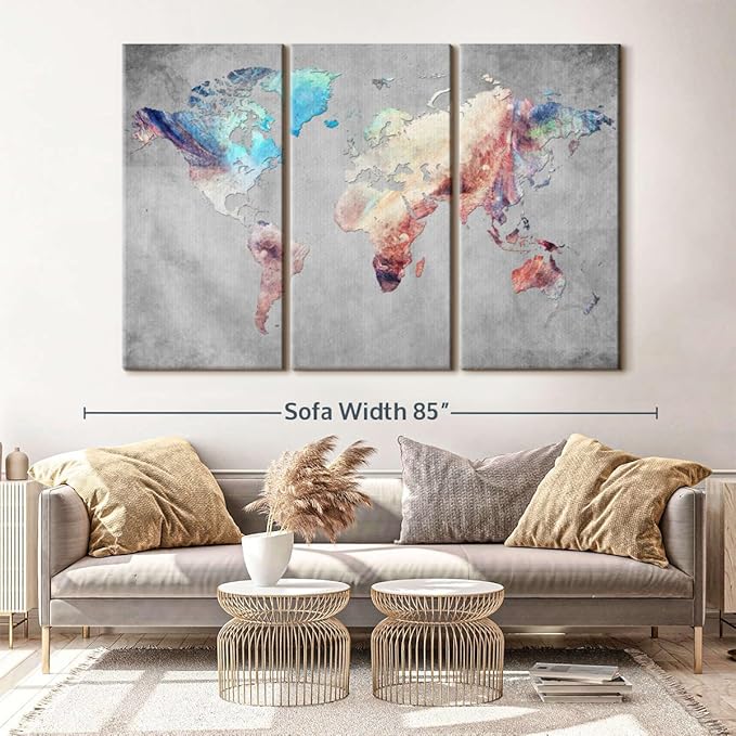 ElephantStock Artistic Touch World Map Multi Piece Canvas - 3 Panel Wall Decor - Map of the World Art - Canvas for the Office and Home - 74" X 48"