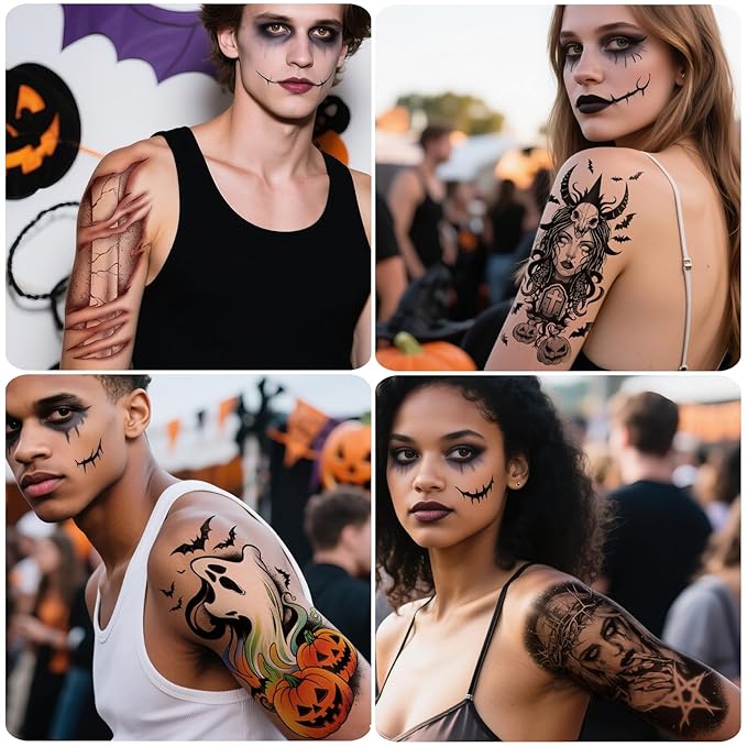 77 PCS Halloween Temporary Tattoos Adult Kids, 17 PCS Half Sleeve Pumpkin Bat Crow Witch Skull Fake Tattoos, 60 PCS Spider Cat Ghost Scar Tiny Realistic Face Body Tattoos Stickers