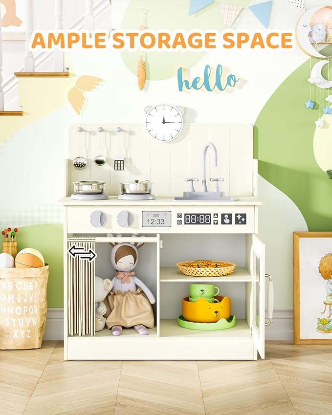 MAMIZO Kids Kitchen Playset with Ample Storage, Interactive Play Kitchen with Simulated Gas Cooker, Clicking Knobs, Sink, Faucet, 6 Pcs Cookware, Educational Clock for Toddlers (Cream)