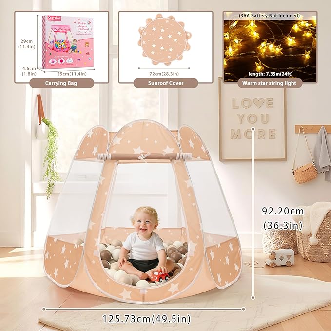 Pop Up Princess Tent with Star Light, Toys for Year Old Girl Birthday Gift, Ball Pit for Toddler Girl Toys, Easy to Pop Up and Assemble(Brown)