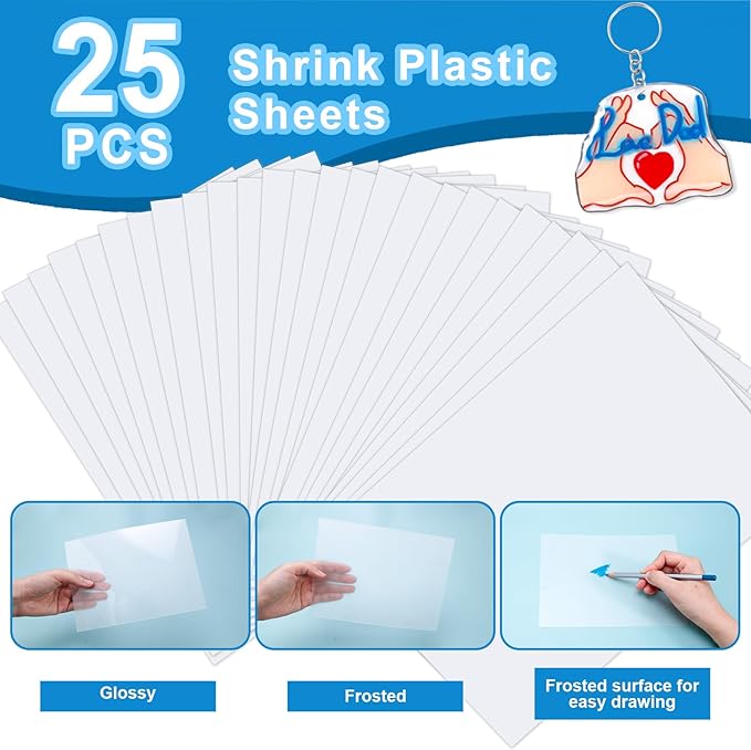 Auihiay 325PCS Shrink Plastic Sheets Kit - 25PCS Shrink Sheets + 100 Keychains and 200 Open Iron Ring, DIY Shrinky Paper Art Supplies for Jewelry, Keychain Making, DIY Mother's Day Crafts Gifts