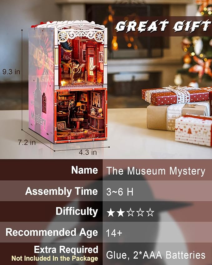 Book Nook Kit Detective, DIY Miniature Booknook Kit for Adults with LED Lights, 3D Wooden Puzzles Bookshelf Insert Decor Ideal Gifts for Men Teens Family (The Museum Mystery)