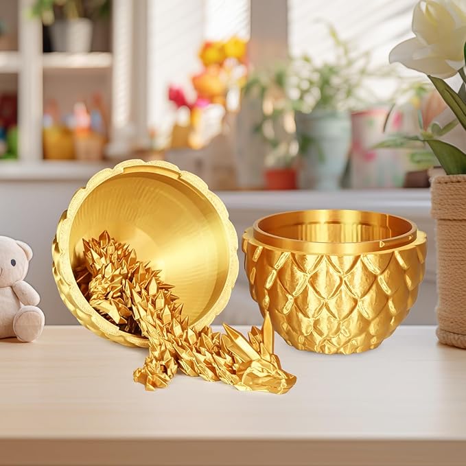 Dragon Eggs with Dragon Inside, 3D Printed Surprise Funny Gifts for Kids, Articulated Dragon Fidget Toys for Adults, Executive Desk Toys Office Room Décor (Gold, M-Size)