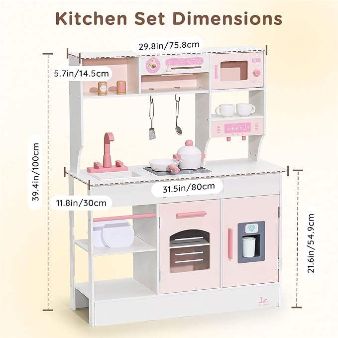 SainSmart Jr. Play Kitchen for Kids, Wooden Kitchen Playset with Lights & Sounds, Ice Maker, Oven & Sink, Trendy Home Style Toy Kitchen, Gift for 3+ Years