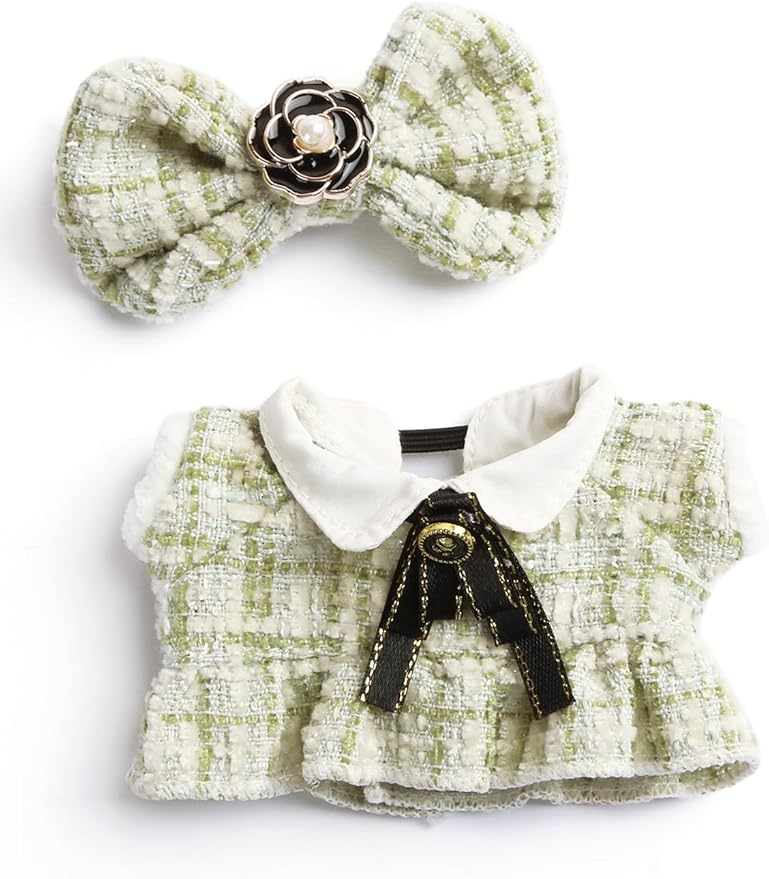 17cm Doll Clothes for Labubu- Luxury Chic Style Set for 17cm Dolls Outfit - Accessories for Dolls Clothes -Green Plaid Tweed Dress + Black Necktie + Green Bow (No Doll)