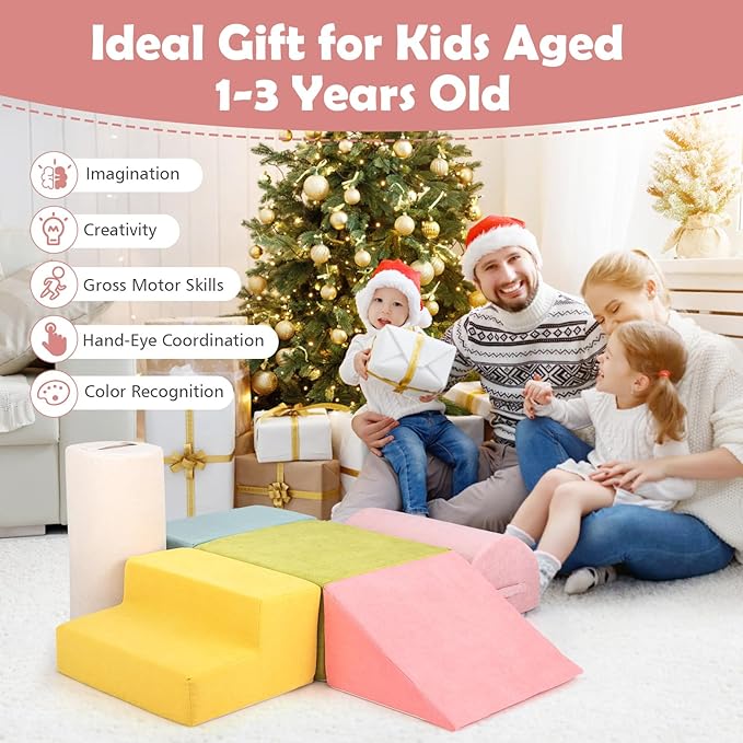 Costzon Toddler Climbing Toys Indoor, 6 Pieces Foam Climbing Blocks for Baby Inside with Skin-Friendly Chenille Fabric, 30D High-Density Foam & Carrying Handles, Soft Play Climbing for Toddlers (Pink)
