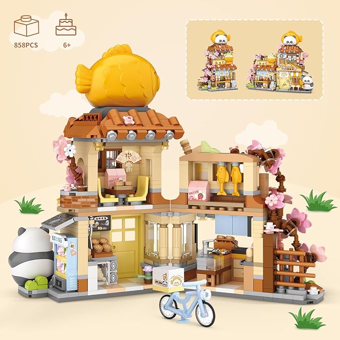 Japanese Street View Taiyaki Shop Mini Building Blocks, MOC Creative Building Toys Cute Panda Building Set for Kids 6-12, Simulation Architecture Construction Toy, Gift Idea for Kids Adults (858 PCS)