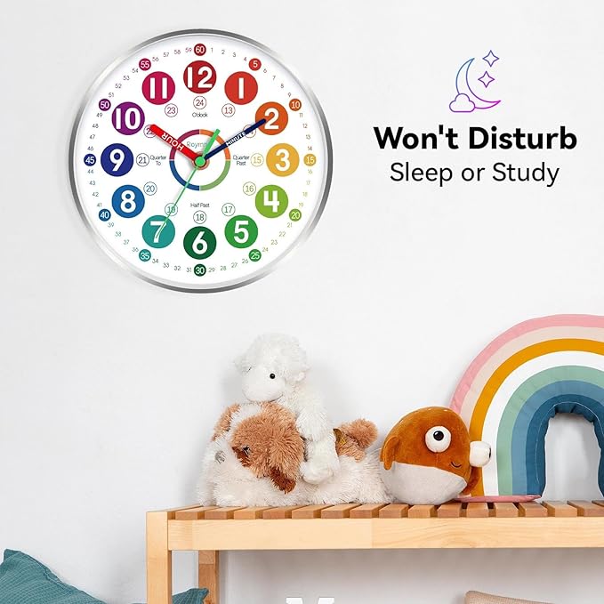 Wall Clock for Kids Learning - Teaching Time Wall Clocks Battery Operated Silent Non Ticking - Analog Colorful Clock Decorative for Kids Room Classroom School(10 Inch&Silver)