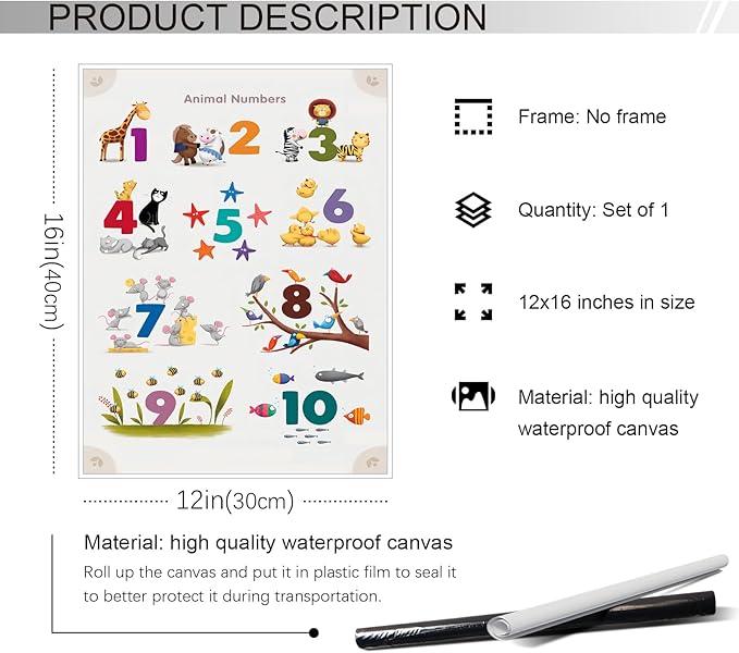 xbsifyiooa Number 1-10 Poster for Toddlers, Learning & Educational Numbers Posters for Toddlers 1-3, Kids Learning Posters, Cute Animal Numbers Chart Preschool Wall Posters For Kids 12x16in Unframed