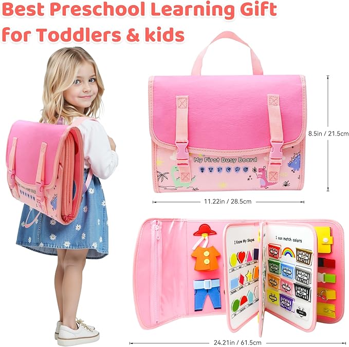 Busy Board Montessori Toys for Toddler,Busy Book - Sensory Preschool Learning Activities Educational Toys with Fine Motor Skills,Gift for Boys Girls,Travel Essentials for Plane Car (Pink)
