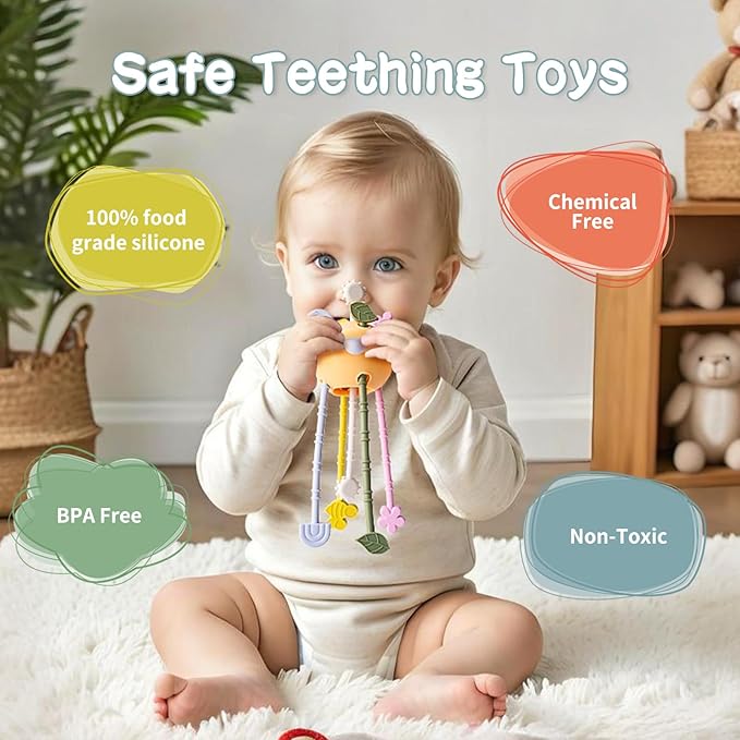 Food Grade Silicone Pull String Baby Toy, Montessori Pull String Sensory Toy for 6-12-18 Months Babies Teething Toys,Toddler Fidget Toys Birthday Gift for Infant/Toddler(Yellow)
