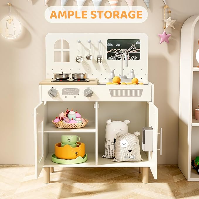 MAMIZO Wooden Kids Play Kitchen Set with Real Lights & Sounds, Interactive Pretend Kitchen with Knob Sounds, Sink, Water Dispenser, 6 Pcs Cookware & Chalkboard Panel for Toddlers and Children (Cream)