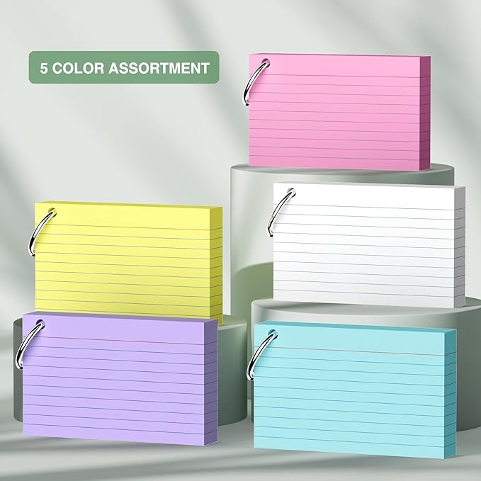 250-Pack Colored Index Cards, 3x5 Inch w/Key Ring – 180gsm Heavyweight Flashcards – 5 Vibrant Colors Flash Cards (White Pink Purple Blue Yellow) – Perfect for Study, Notes & Memory, Students School